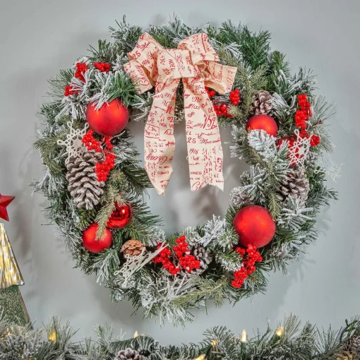 Gerson International Wreaths*24 In Flocked Holiday Wreath With Bow, Berries And Ornaments