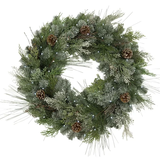 Gerson International Wreaths*32"D Pre-Lit Snowy Mixed Pine Wreath Withpine Cones, Twig & Cedar Accents. 50 Cool White Led Lights.