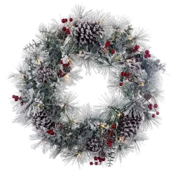 Kurt Adler Wreaths* 18-Inch Battery-Operated Flocked With Red Berries And Pinecones Led Wreath
