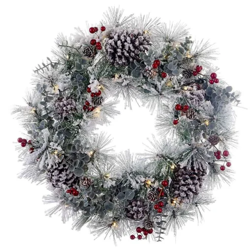 Kurt Adler Wreaths* 18-Inch Battery-Operated Flocked With Red Berries And Pinecones Led Wreath
