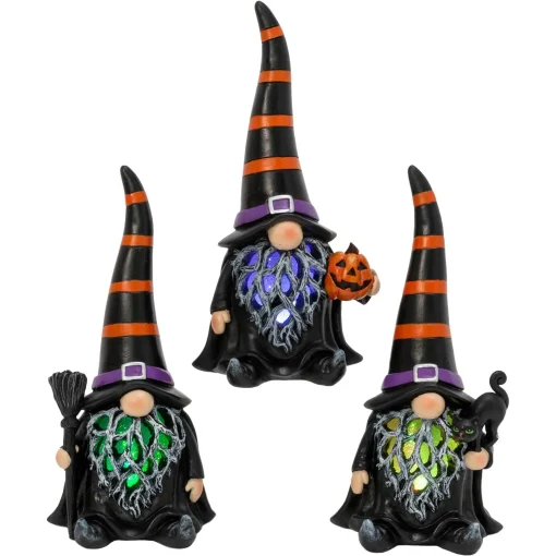 Gerson International Tabletop Pieces*Set Of 3 Spooky Lighted Halloween Gnome Witch Figurine , Timer