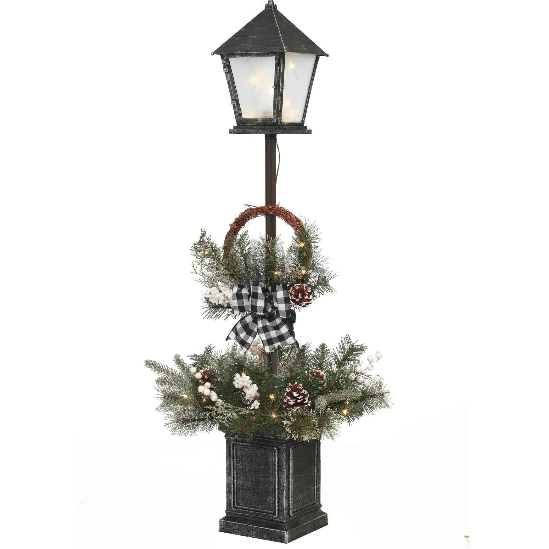 Gerson International Accent Lighting*Vintage Lantern Post With Wreath And Micro Led Lights, Timer